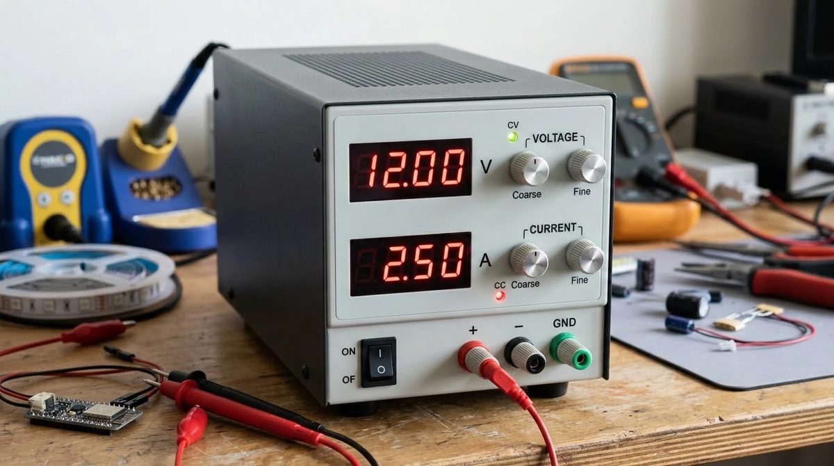Лабораторный блок питания с индикацией 12,00 В и 2,50 А на рабочем столе