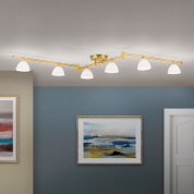 потолочный светильник с шестью направленными матовыми плафонами на золотистой планке