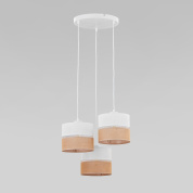 подвесной светильник с тремя цилиндрическими текстильными абажурами на круглой потолочной базе