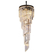 подвесная люстра каскадного типа с вытянутыми прозрачными кристаллами