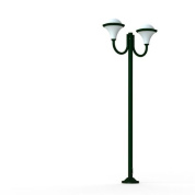 уличный фонарь с двумя рожками и полусферическими плафонами на зелёной опоре