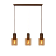 подвесной светильник с тремя плафонами янтарного цвета на прямой планке