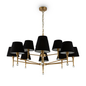подвесная люстра с двенадцатью плафонами в виде чёрных абажуров на латунной раме