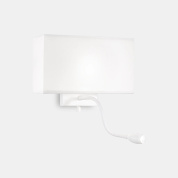 настенное бра с прямоугольным текстильным абажуром белого цвета и гибким направленным светильником для чтения