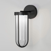 уличный настенный светильник с цилиндрическим прозрачным стеклянным плафоном в металлической рамке