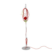 торшер с цветной композицией и тканевым абажуром на хромированной опоре