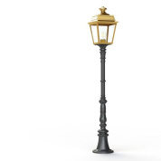 садовый фонарь на высокой опоре с латунным плафоном