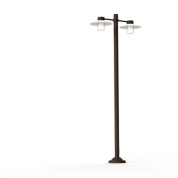 двухрожковый уличный фонарный столб с прозрачными плафонами и коричневой стойкой