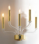 пятирожковое настенное бра с прозрачными изогнутыми консолями и золотыми патронами