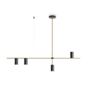подвесной линейный светильник с несколькими цилиндрическими плафонами черного и латунного оттенков