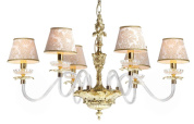 шестирожковая потолочная люстра с тканевыми абажурами и декоративной латунной арматурой