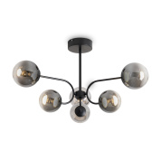 потолочный светильник с шестью плафонами шарообразной формы на черной арматуре