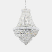 подвесная хрустальная люстра с корпусом хромированного цвета и множеством подвесок