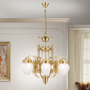 подвесная семирожковая люстра с овальными плафонами на изящном бронзовом каркасе