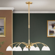 потолочная люстра с восемью опаловыми стеклянными плафонами в золотистом матовом исполнении