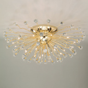 потолочная люстра с множеством мелких хрустальных подвесок на радиальных металлических прутьях