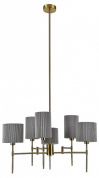 подвесная люстра с шестью тканевыми абажурами в плиссированной отделке на латунной штанге