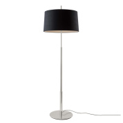 торшер с металлической стойкой серебристого цвета и абажуром чёрного оттенка