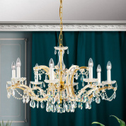 подвесная хрустальная неоклассическая люстра с многорядными подвесками и золотым каркасом