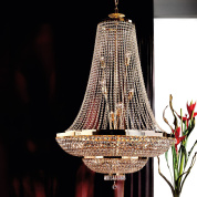 подвесная хрустальная люстра с многоярусной цепочной конструкцией в золотом исполнении