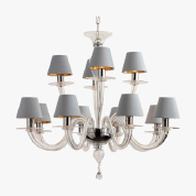 двенадцатирожковая люстра с текстильными абажурами и декоративной арматурой