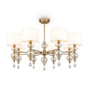 потолочный светильник с шестью абажурами из ткани и декоративными кристаллами на латунной арматуре