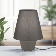настольная лампа с текстильным абажуром конической формы в сером оттенке