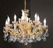 классическая подвесная люстра с позолоченным каркасом и крупными кристальными подвесками