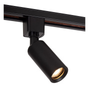 трековый прожектор с чёрным цилиндрическим корпусом и поворотным модулем для однофазного шинопровода