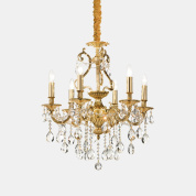 подвесная люстра с хрустальными подвесками и арматурой цвета золота