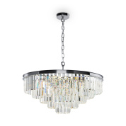 подвесной светильник круглой формы с ярусом хрустальных подвесов и хромированным основанием