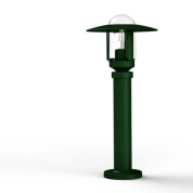 садовый светильник с круглым плафоном на цилиндрической стойке зеленого цвета