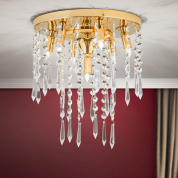 круглый потолочный светильник с многоярусными длинными кристаллами на золотом основании
