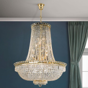 подвесная хрустальная люстра высокой цилиндрической формы с богатой каскадной россыпью кристаллов