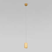 подвесной акцентный светильник с цилиндрическим металлическим плафоном золотистого цвета