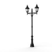 двухрожковый уличный фонарь на высокой опоре с куполообразными плафонами чёрного цвета