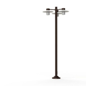 двухрожковый уличный фонарный столб с прозрачными плафонами и коричневой опорой