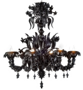 подвесная люстра с тёмным стеклянным каркасом и множеством изогнутых рожков