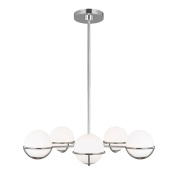 пятирожковая подвесная люстра с шарообразными матовыми стеклянными плафонами на штанге