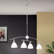 подвесная люстра с четырьмя матовыми плафонами на металлической перекладине