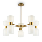 подвесная люстра с шестью плафонами из матового стекла на металлическом каркасе