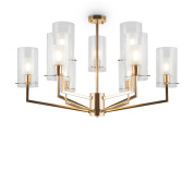 подвесной светильник с девятью плафонами из прозрачного стекла на золотистой раме