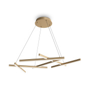 подвесной светильник золотистого цвета с множеством вытянутых модулей на тросах