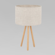 настольная лампа на деревянной треноге с цилиндрическим текстильным абажуром