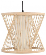 подвесной светильник с каркасом из светлого дерева и тканевым абажуром