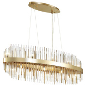 подвесная люстра с вертикальными металлическими стержнями золотого оттенка