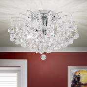 потолочная хрустальная люстра с шестью ярусами прозрачных подвесов на хромированной чаше