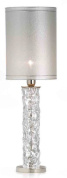 настольная лампа с серебристым цилиндрическим абажуром и фактурной прозрачной стойкой
