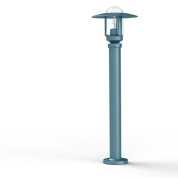 садовый фонарь голубого цвета с прозрачным плафоном под широким диском