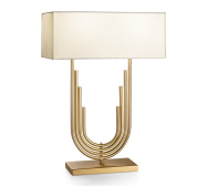 настольная лампа с прямоугольным абажуром и многосекционной металлической опорой